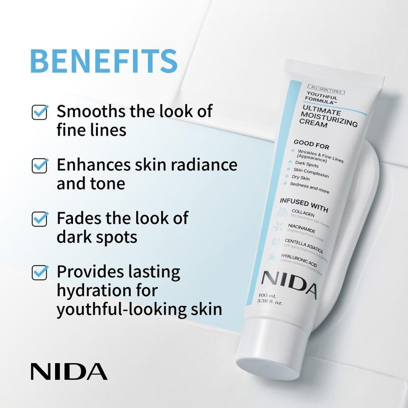 NIDA Youthful Formula Ultimate Moisturizing Cream (100Ml) / Collagen, Niacinamide, Centella Asiatica, Hyaluronic Acid / Wrinkles, Dark Spots, Skincare Hydrating Daily Moisturizer Moisture Hydrate